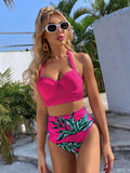 Tropical Print Bikini Set Halter Push Up Top & Tummy Control High Waisted Bottom 2 Piece Swimsuit - All About Eg